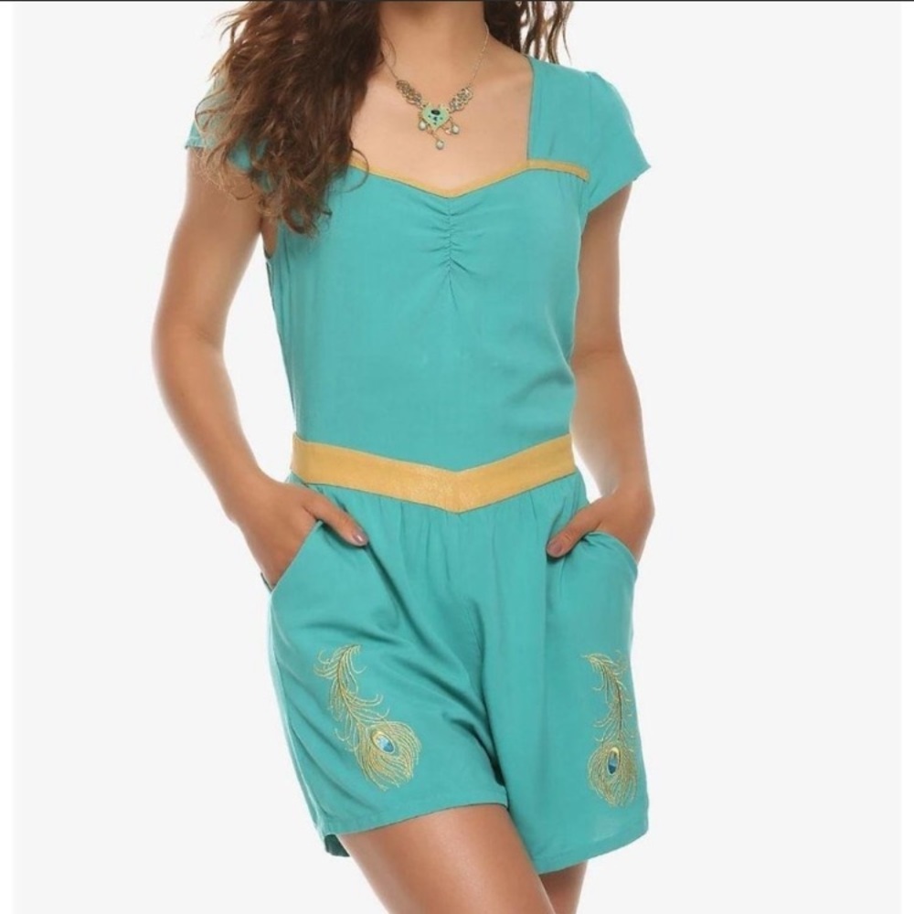 Disney Teal Romper with Gold Trim and Embroidered Peacock Feathers